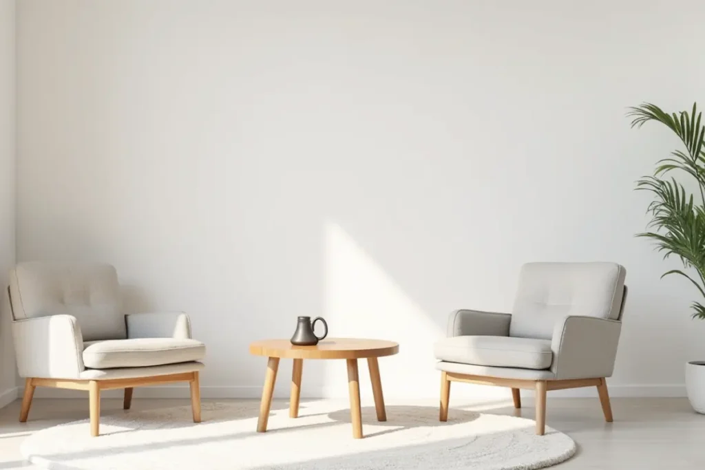 Sala minimalista pequeña con muebles compactos y diseño funcional.