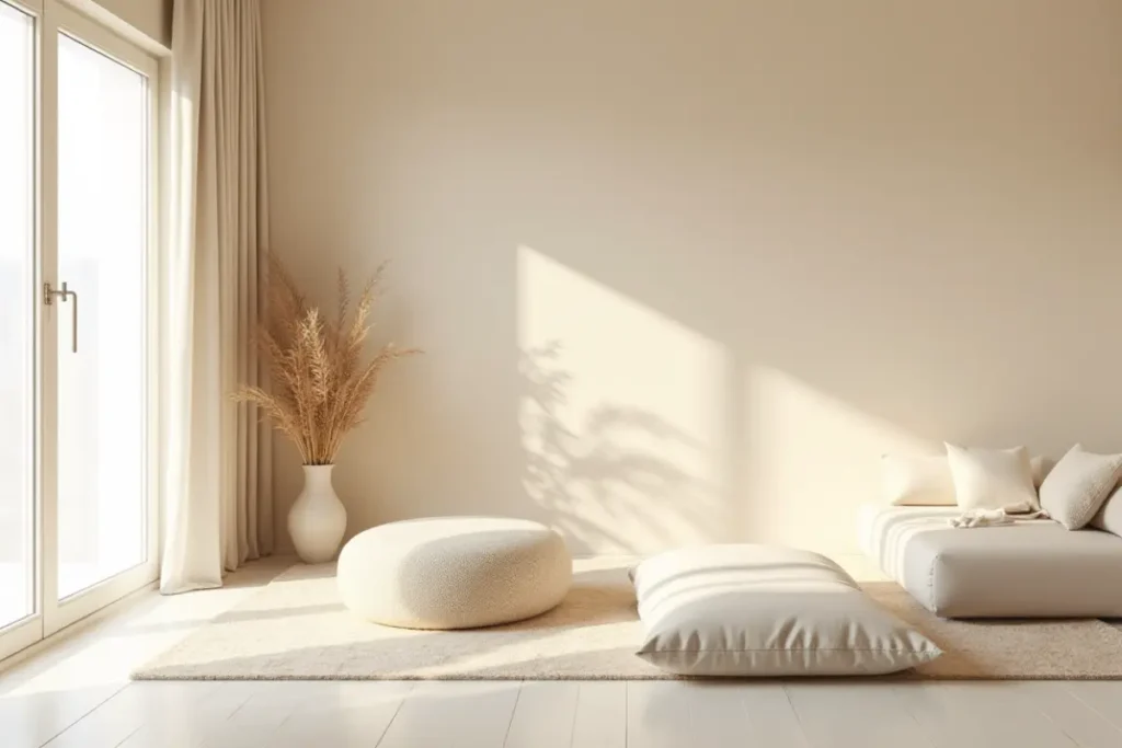 Sala minimalista en tonos neutros con estética limpia y equilibrada.