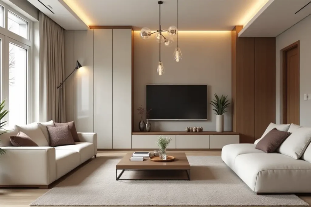 Sala moderna elegante con muebles sofisticados y decoración refinada.