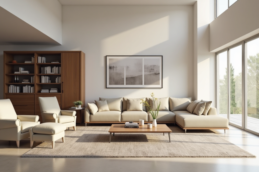 Sala moderna funcional con muebles prácticos y distribución equilibrada.