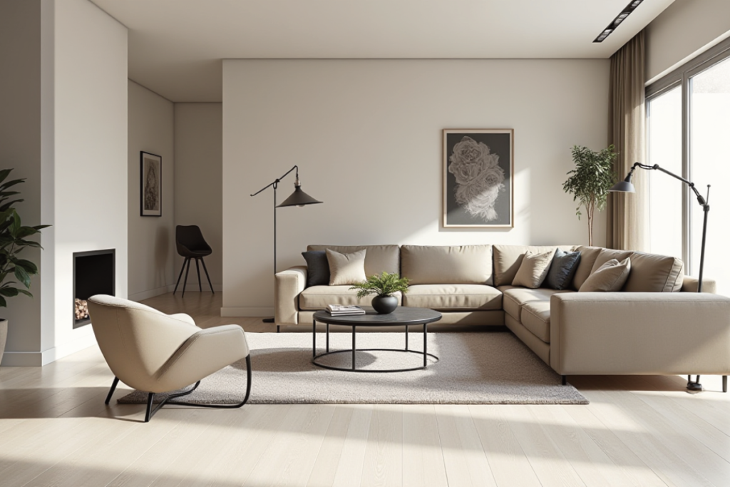 Sala moderna con líneas limpias, muebles contemporáneos y diseño ordenado.