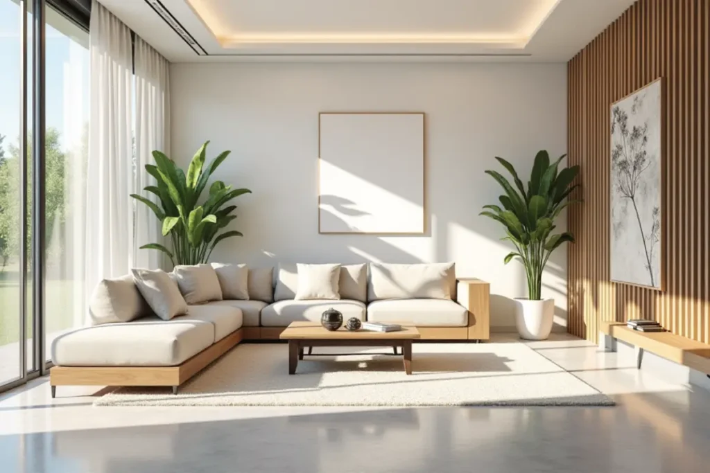 Sala moderna luminosa con grandes ventanas y luz natural abundante.