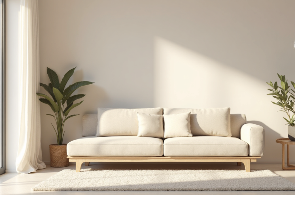 Sala moderna en tonos neutros con sofá beige y decoración sencilla.