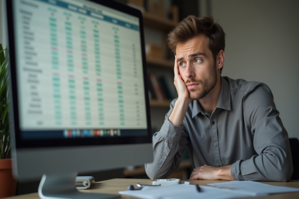 Persona confundida frente a una hoja de Excel en su computador portátil